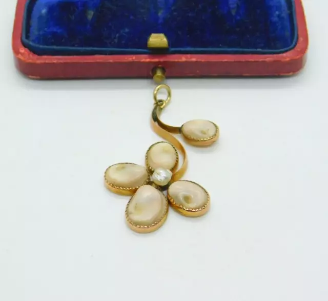 Art Nouveau Victorian 9ct Rose Gold, Shell & Pearl Floral Pendant Antique c1900