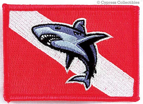 SHARK DIVER iron-on SCUBA PATCH red diver down flag EMBROIDERED GEAR BAG GIFT