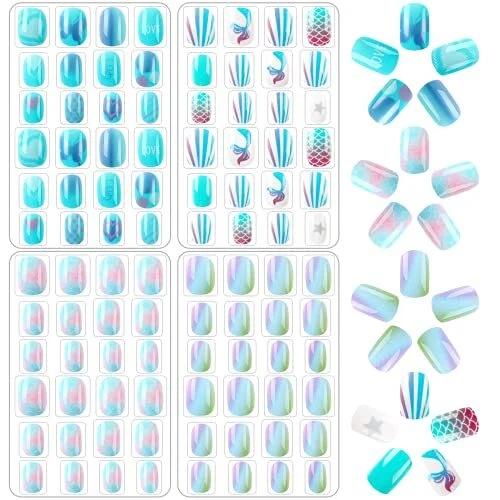 96 Pcs Kids False Nail Press on Nails Kids Full Cover Short False Blue Theme