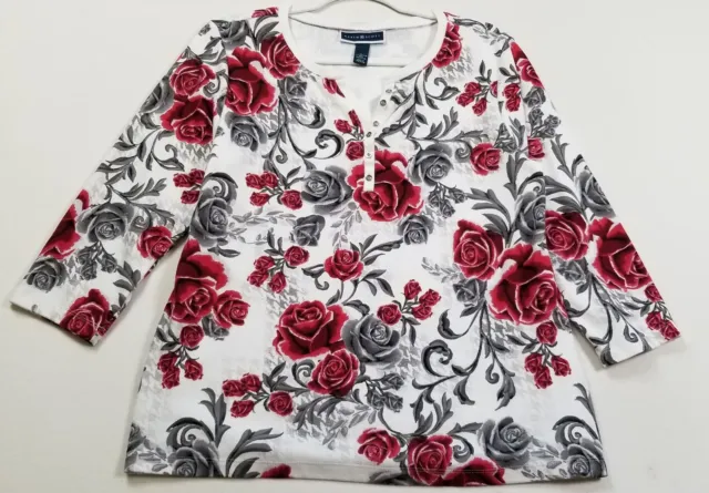 Karen Scott Top Womens Large L Red Gray Floral ¾ Sleeve Stretch Knit T Shirt Tee