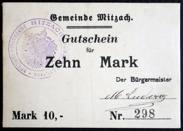 MITZACH 1914 Cotton Fabric Notgeld! XX-RARE 10 Mark serial no. 298 of 347 France