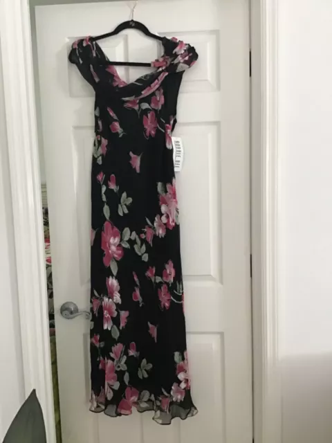 NWT Robbie Bee long Floral Party Dress Sz 16 Black Pink Flirty Maxi 100% SILK