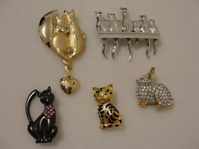 various cat pin brooches AJC cattails black gunmetal, & bunny rabbit rhinestones