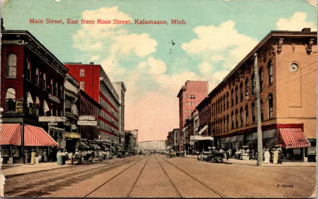 Vtg 1910s Main Street East From Rose Street Kalamazoo Michigan MI Postcard