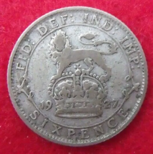 1927 GEORGE V SILVER SIXPENCE  ( 50% Silver )  British 6d Coin.   485