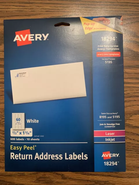 Avery® Easy Peel Address 600 Labels, Laser/Inkjet 2/3 x 1 3/4 White (18294)