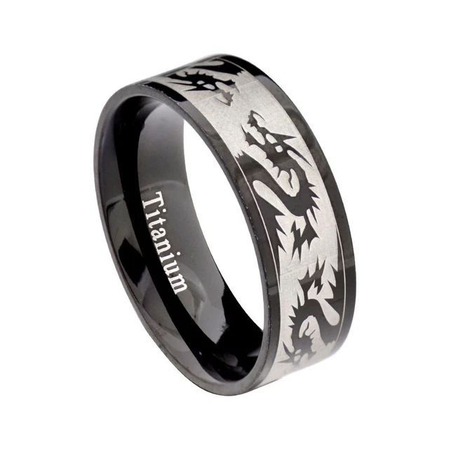 8mm Black Celtic Dragon Design Titanium Band Men's Jewelry Wedding Band Ring