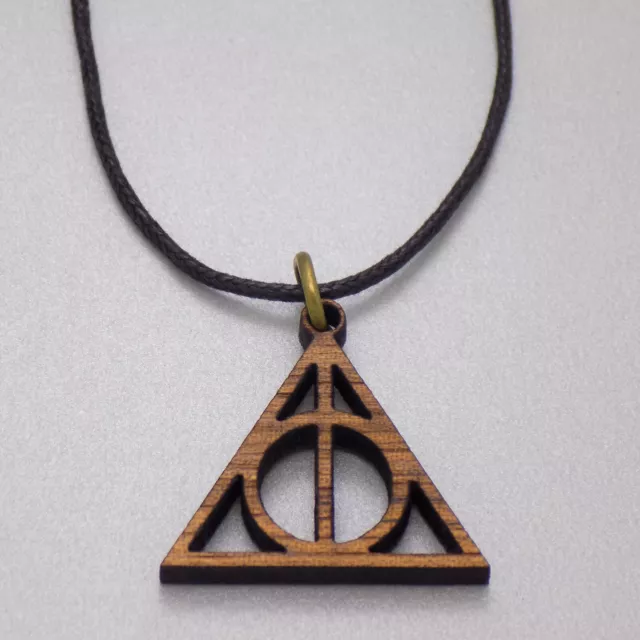 Great Wooden Harry Potter Deathly Hallows Hogwarts Pendant & Black Cord Necklace 2