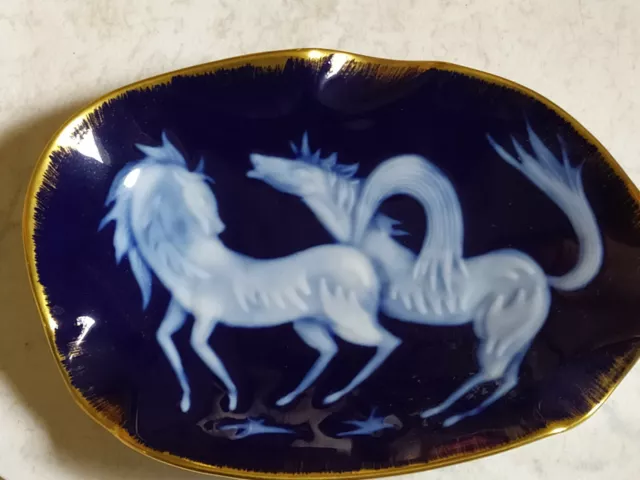Ancien petit vide poche coupelle en porcelaine de Limoges décor or/ bleu de four