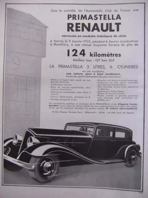Publicité 1933 Primastella Renault 3 Litres 6 Cylindres - Advertising