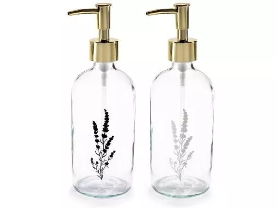 distributeur de savon en verre transparent avec décorations Lavande