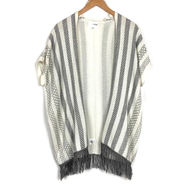 Olive & Oak Womens Striped Cardigan Sweater Sz XS  Gray Ivory Open Front Fringe