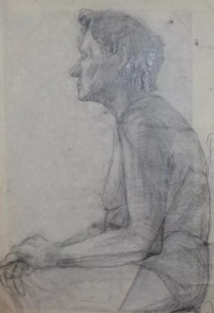 Vintage original pencil drawing old woman portrait nude