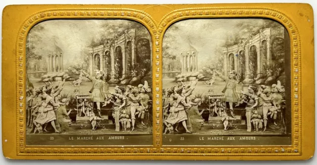 Théâtre Comique Le Marché aux Amours c1870 Photo Stereo Diorama Vintage 