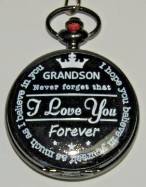 Pocket Watch "GRANDSON-I LOVE YOU FOREVER!" Polished Black Color, Quartz. P3610C