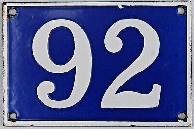 Old blue French house number 92 door gate plate plaque enamel steel metal sign