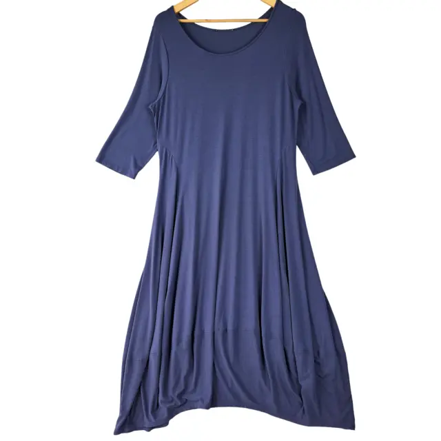 Eileen Fisher Dress Womens Medium Midi Blue 3/4 Sleeves Stretch Lantern Hem