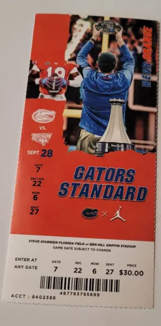 Florida Gators 09/28/2019 NCAA Football Ticket Stub vs Towson