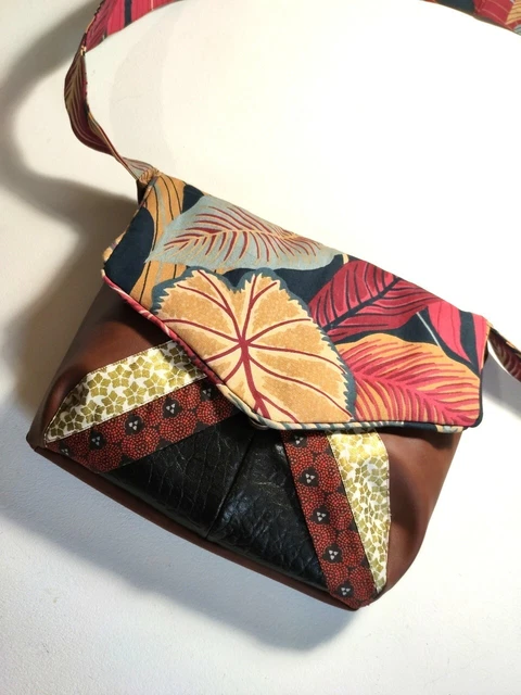 Sac à Main Bandoulière Femme - Bi-matière Tissu Et Simili Cuir - Fait Main En France - Marron Floral