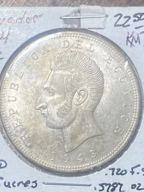 1944 Ecuador Cinco 5 Sucres Silver Crown KM-79 HIGH GADE