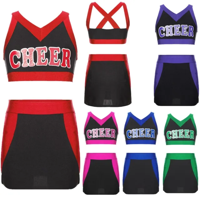 Kids Girls Cheerleading Outfit Performance Uniform Color Block Sleeveless Set