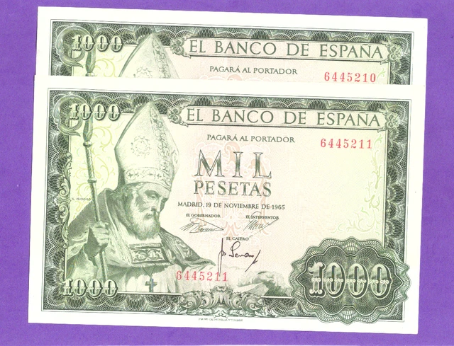 Spaiin-Banknote   Rare Consecutive Pair  - 1000  Pesetas 1965 -No Serial  Xf+
