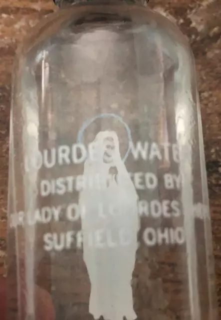 Botella de Vidrio de Agua Lourdes Vintage Nuestra Señora del Santuario Suffield Ohio 3