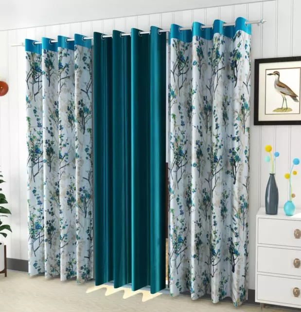 3 Piezas Azul Aguamarina Floral Ojal Anillas Puerta Ventana Cortinas De 5 7 2.7m