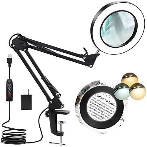 8X Magnifying Glass with Light, Real Glass Lens Desk Lamp & Clamp, 3 Color