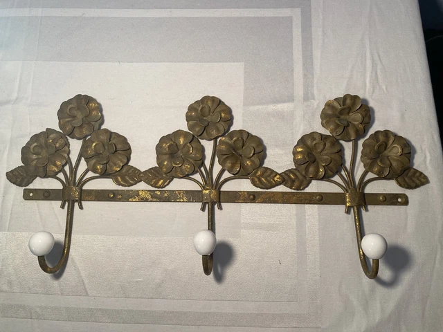 Vintage Gold Ptd Wrought Iron Coat Clothes Rack Floral Porcelain Knobs