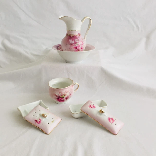 Service De Toilette De Poupée Ancien En Tôle émaillée - Dinette Vintage - Rare