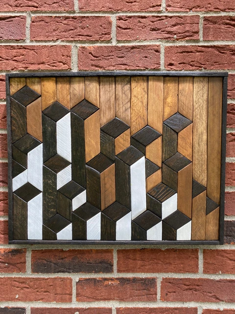 Reclaimed wood wall art, cityscape, wood mosaic