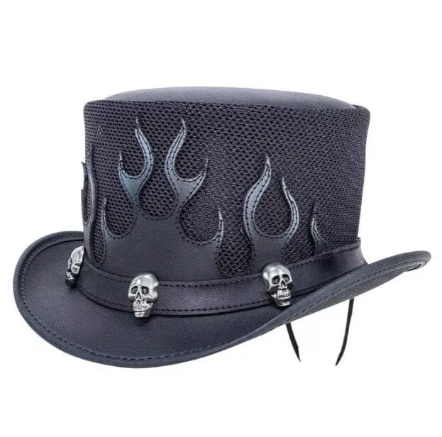 Cappello Top Pelle Teschi Fiamma Cappello Steampunk Gotico Pelle Biker Cappello da Moto