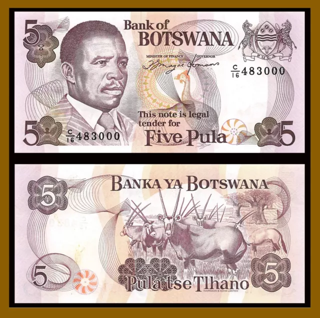 Botswana 5 Pula, 1992 P-11 Sig:6a Gemsbok Antelope Animals  Banknote Unc