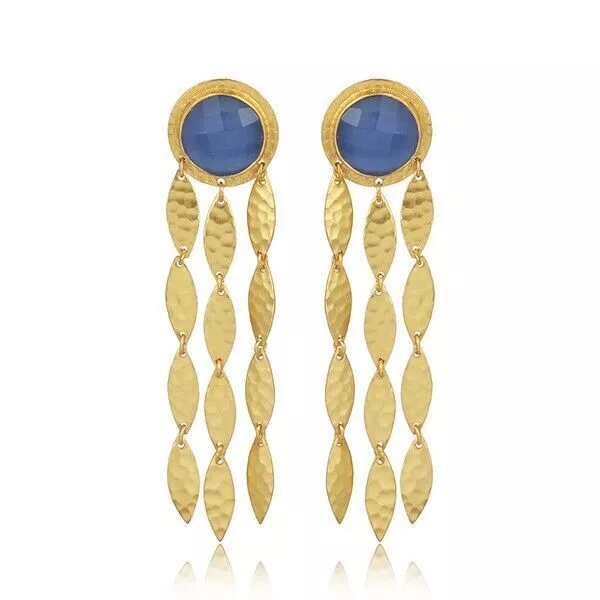 Gold Plated Textured Long Statement Earrings Jewelry In Blue Chalcedony Stone