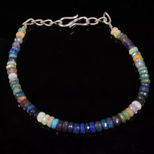 Natural Ethiopian Opal Bracelet, Black Opal Beads Multi Fire, Faceted Opal Beads