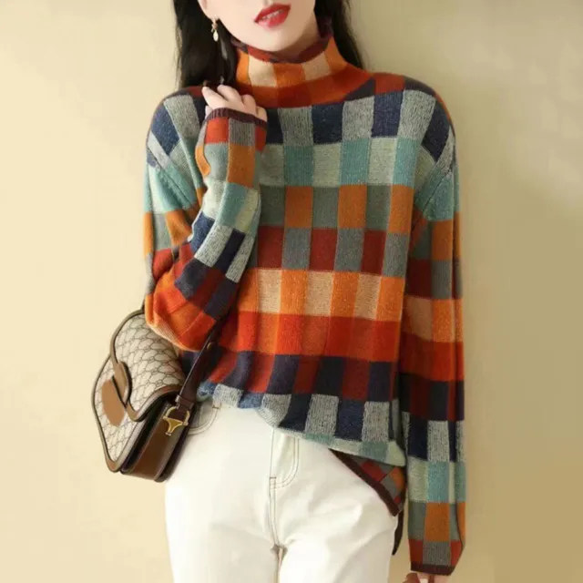 Womens Sweater Pullover Jumpers Outer Wear Knitted Checkered High Neck Fashion =