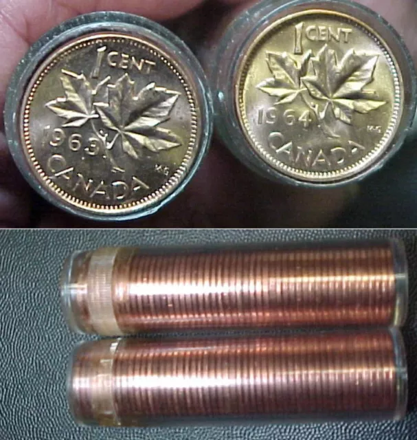 1963 & 1964 Brilliant Gem BU Cent Rolls Canada Maple Leaf  100 Penny Coins