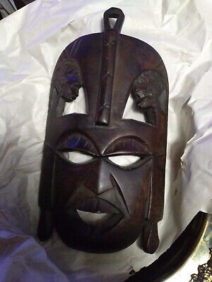 Vintage African Tribal Art Hand Carved Wood Face Mask Wall Decor 10"