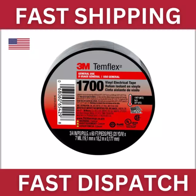 3M Temflex 1700 General Use Electrical Tape Black - 3/4 in. x 60 ft.