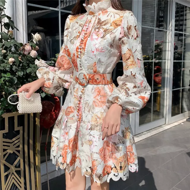 Occident Dress Women Embroidered Collared Puff Sleeve Belted Pleated Shirt Dress