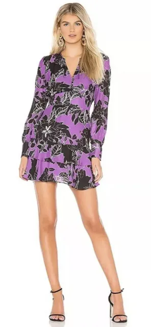 $368 Parker Silk Blend Dress Sz 10 Floral Ruffle Mini Purple/black Long Sleeves