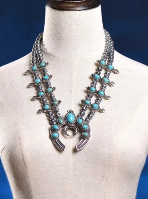 Silver Native American Turquoise Squash Blossom Necklace Leaf Filagree Hot