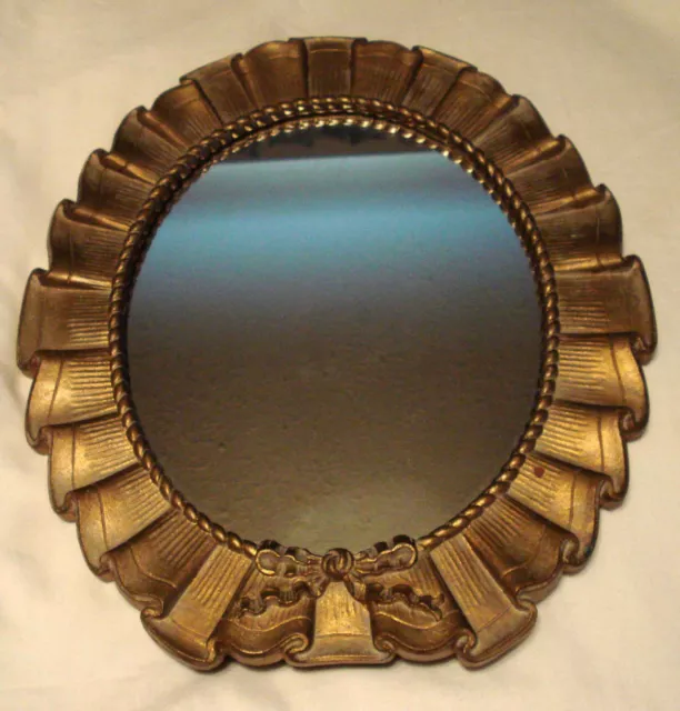 Vintage MCM Syroco Wood Gold Gilt Ribbon & Bow Easel Back Oval Table Top Mirror