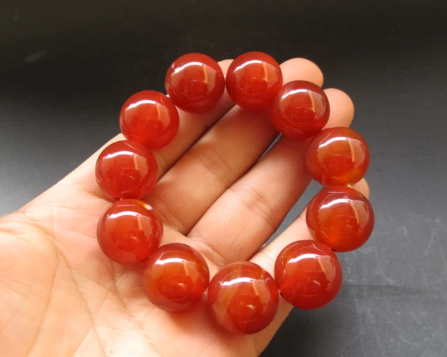 Chinese Natural Agate Onyx Carved Buddha Beads Bracelet Bangle Wristlet Y5074
