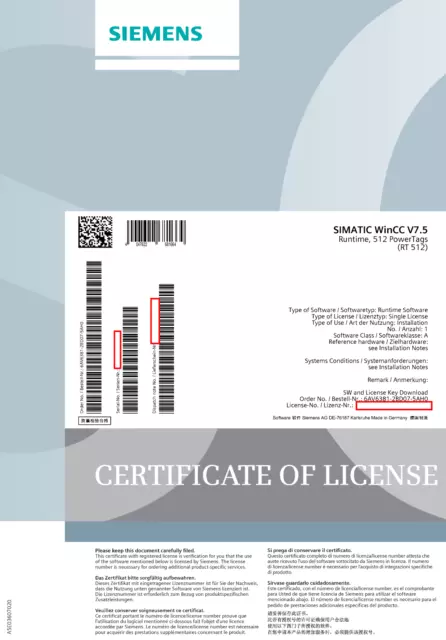 Siemens 6AV6381-2BD07-5AH0 license WinCC system software V7.5 SP2, RT 512 tags