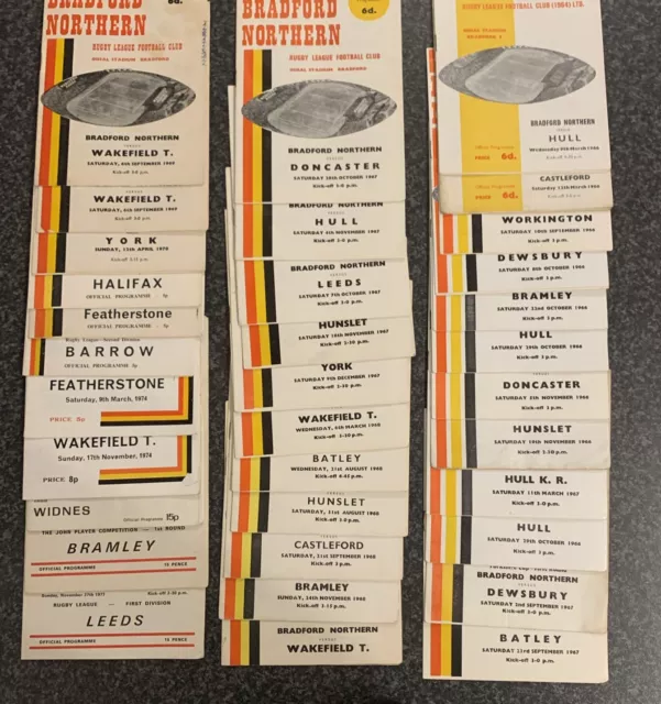 34 x OFFICIAL BRADFORD NORTHERN HOME MATCH DAY PROGRAMMES  1966 - 1977 Seasons