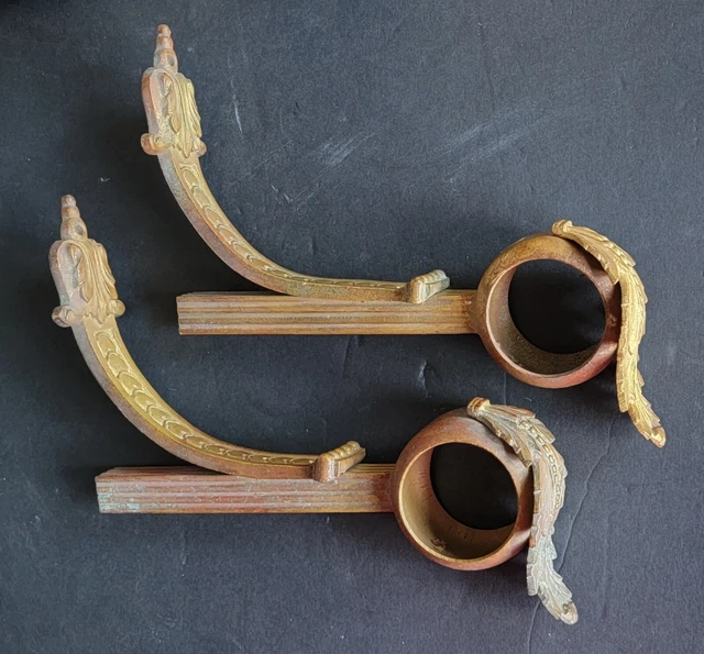 Antique Pair (2) French Gilt Bronze Curtain Rod Holders Brackets ❦ Marked "LB3"