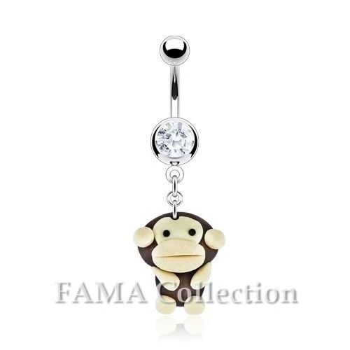 Cute FAMA Monkey Dangle 316L Surgical Steel Navel Belly Ring with Clear CZ