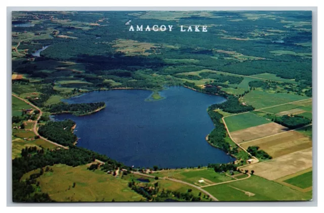 Bruce, WI Wisconsin, Amacoy Lake Aerial View, Vintage Chrome Postcard